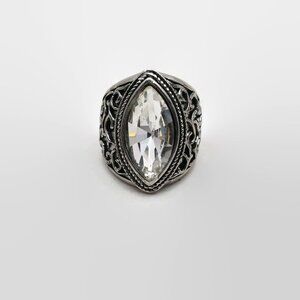 Silver Tone Marquis Shaped Clear Glass Stone Ring Size 6